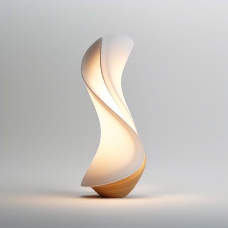 the spiral table lamp features an artificial spiral design inspired by peter mohrbacher, with graceful curves and glowing lights. this uhd image captures the ambient occlusion and smooth curves, reminiscent of the style of mahiro maeda. ai generatedの素材