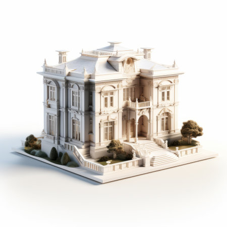a 3d model of a new mansion home called elroy home, featuring baroque ornate and dramatic compositions. captured with a zeiss milvus 25mm f14 ze lens, the image showcases a light white and beige color scheme. the design draws inspiration from persian miniatures, creating a uhd image with classical balance and toy-like proportions. ai generatedの素材