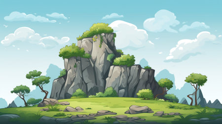 island with trees, stones, and a hill in a 2d cartoon prehistory game asset. flat color style and daytime setting. keywords: prehistory game, island, trees, stones, hill, flat color, daytime. ai generatedの素材