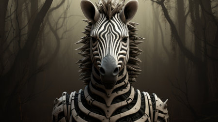a zebra stands on top of branches in a forest, showcasing a hyper-realistic sci-fi steelpunk style. this photo, rendered in maya using photo-realistic techniques, captures the zebra's strong facial expression amidst spiky mounds. keywords: zebra, forest, branches, hyper-realistic, sci-fi, steelpunk, zbrush, photo-realistic, maya, spiky mounds, strong facial expression. ai generatedの素材