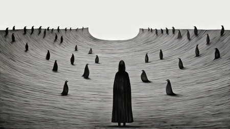 a man walks along the deserted shore, his silhouette stark against the horizon. inspired by the artistic styles of kaethe butcher, anton semenov, and robert bissell, this image captures elongated figures in intricate black and white illustrations. the scene evokes emotions and is reminiscent of large-scale murals, showcasing trapped emotions depicted through artistry. ai generatedの素材