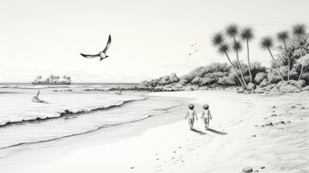 sons playing on white sandy beach with sailboats, seagulls, coconut tree, seashells, and shellfish. ai generatedの素材