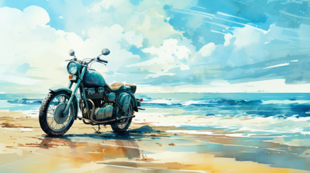 a watercolor painting of a motorcycle in the distance, enclosed within a beautiful morning scene. the background features a beach, ocean, and a dramatic turquoise sky, all captured in this stunning watercolor artwork. ai generatedの素材