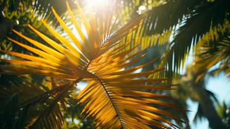 palm tree in tropical forest with sun shining through, dark gold and light amber, bold lines, bright colors, close up, dappled, lush detailing, naturalist aesthetic, zeiss ikon zm. ai generatedの素材