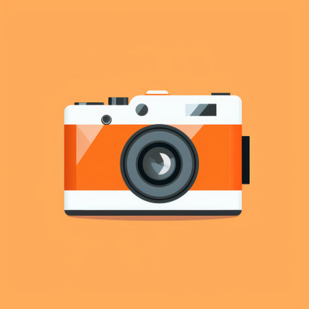 an orange and white retro camera is showcased in a minimalist flat style, complementing the visual harmony of layered images. this camera design draws inspiration from paul corfield's work and is perfect for social media portraiture. capture timeless moments with the kodak vision3 film, while enjoying the simplicity of flat backgrounds. ai generatedの素材