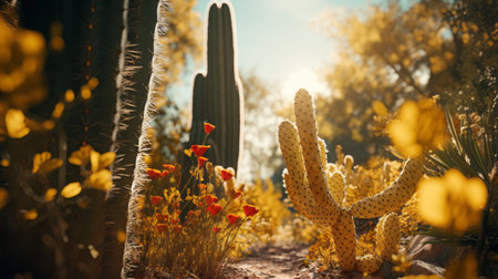 cactus, flowers, and grass enhance the desert landscape, captured with the impressive visuals of unreal engine 5. bathed in a mesmerizing blend of golden and orange hues, this national geographic photo portrays an adventurous atmosphere. the play of impressionist dappled light creates a captivating display, while ray tracing technology brings out the stunning beauty of this scene. ai generatedの素材