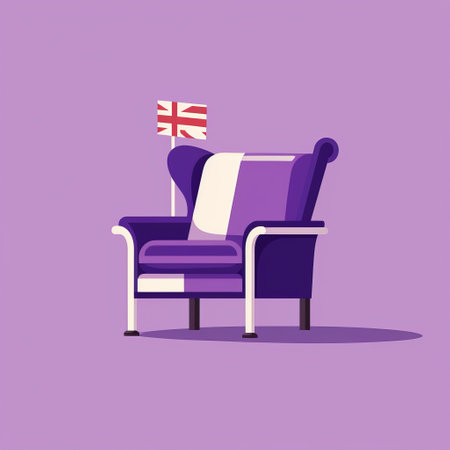 american flag with british armchair and feather, featuring a light purple and white color scheme. this naive-style artwork showcases flat areas of color and perspective, along with distinctive character design. the strong use of color adds to its international appeal. ai generatedの素材