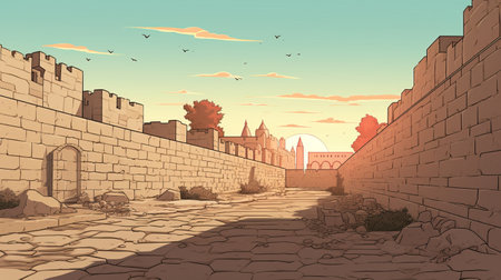 desert landscape photo showcases medieval-inspired, dreamlike cityscapes, characteristic of lyon school comic book art. the image features a wall, birds, soft gradients, and animated gifs, ai generatedの素材