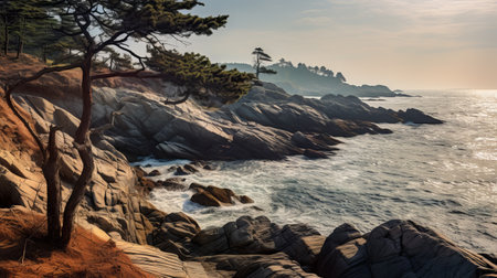 tundra on the rocky shore of hestiasula head in vietnam creates an amazing seascape with rough waves crashing against the rocks. the surrounding pine trees and philosophy house add to the naturalism of the scene. the high dynamic range and photorealism of the canon eos r5 f1.2 iso100 35 mm camera capture the action and detailing of the scene perfectly. keywords: archipelago, northern finland, light,の素材