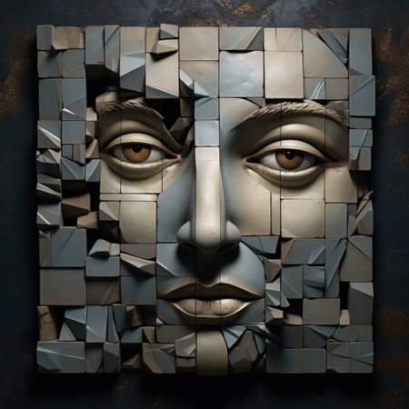 clay man with a face of a woman, crafted from shattered blocks, showcases illusory hyperrealism. the dark gold and gray tones enhance the hard edge painting style, while illusionary architectural elements add depth. quadratura techniques create an atmosphere, highlighting detailed atmospheric portraits. this artwork captivates with its highly detailed figures. ai generatedの素材