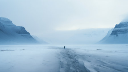 a person stands in a snowy landscape with mountains in the background, creating an ethereal and ghostly atmosphere. the stark minimalism of the scene is captured in light blue and dark aquamarine tones. this national geographic photo showcases a passage through the muted seascapes in 8k resolution. ai generatedの素材