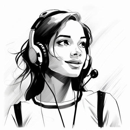 a girl wearing headsets is depicted in this black and white realism illustration. the artwork showcases vivid comic book artist style, with a touch of romantic academia. the charming character illustration captures the essence of zack snyder's visual storytelling. shot on 70mm, this captivating illustration brings together various artistic elements seamlessly. ai generatedの素材