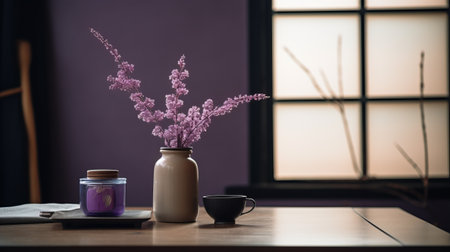 a door on a hemp table next to a window, in the style of minimalistic japanese. black and purple colors create a whimsical ambiance. the minimalist still lifes exhibit a sparse and simple design with subtle, whimsical folk-inspired elements. this photograph, captured by an interior design photographer using a canon eos r5, showcases a lot of detail in the objects. the image has a veryの素材