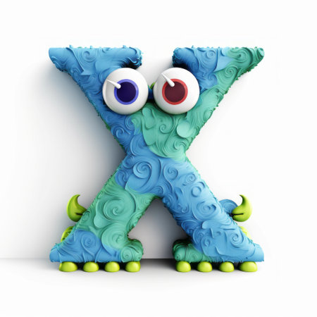 cartoon monster with eyes and mouth covered in the letter x. textured surface layers create adorable toy sculptures in the style of john wilhelm. this mesmerizing optical illusion in cyan and azure is a magnified ornamentation captured on flickr. ai generatedの素材
