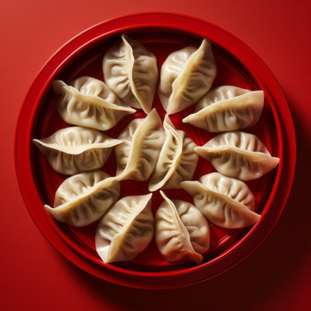 chinese dumplings arranged on a red plate against a white background. the image is captured in the style of kodak portra, featuring photorealistic renderings and monochromatic shadows. the digitally enhanced photo showcases a mote kei aesthetic with symmetrical arrangements, reminiscent of a national geographic photo. ai generatedの素材