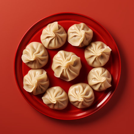 dim sum dish with meat and vegetables on a red plate, captured in a monochromatic minimalist style. this aerial view showcases the indian traditions of the dish, with a focus on the textures and colors. the use of back button focus and the unreal engine 5 enhances the visual appeal of this traditional cuisine. ai generatedの素材