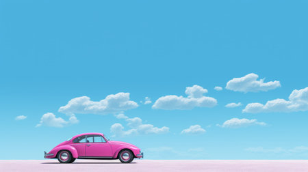 pink vw beetle parked on a desert landscape, featuring realistic blue skies and a minimalistic composition. the vibrant stage backdrop and high-resolution image showcase romantic illustrations in soft pastel colors, providing an 8k resolution. ai generatedの素材