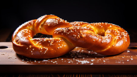 pretzels on a wooden board with salt, showcasing jewish culture themes. the bold curves and skillful lighting enhance the grandeur of scale. the image, captured by prateep kochabua, features the wrapped pretzels in a style reminiscent of george stefanescu's work. ai generatedの素材