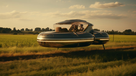an airborne motor jet, inspired by the futuristic glam style of thomas heatherwick, soars gracefully over a vast grassy countryside. the sleek design features a combination of dark gray and light gold hues, reminiscent of the konica auto s3 camera. this captivating scene is infused with elements of afrofuturism, taking inspiration from artists like danh v. the result is a rich and immersive visual experience.の素材