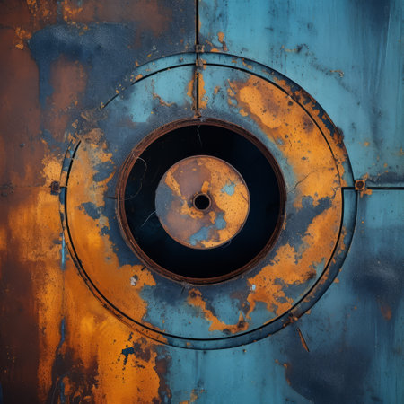 rusty round hole in a metal door with dark sky-blue and orange colors, industrial futurism style, soft edges, and atmospheric effects. industrial fragments and whirring contrivances create an abstract form, reminiscent of a national geographic photo. ai generatedの素材