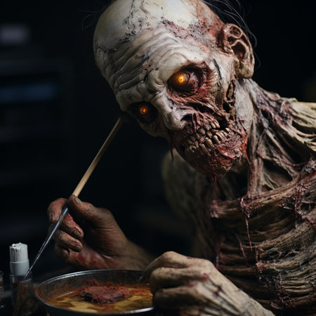 a large zombie is sitting on a table, pouring food into his mouth. the photo is created using post-processing and photo-realistic techniques, showcasing handcrafted beauty. captured with a tokina at-x 11-16mm f/2.8 pro dx ii lens, the close-up intensity highlights the wire and zbrush elements. ai generatedの素材