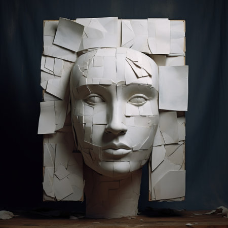 a studio portrait of a woman dressed in white, created in the style of analytic cubism using two paper sculptures to form her head and torso. the fragmented advertising aesthetic is evident in the plaster material and dark proportions, while exaggerated facial features add to the striking visual impact of this uhd image. ai generatedの素材