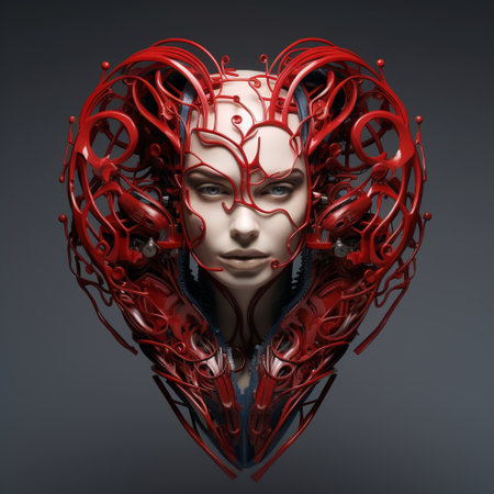 the artificial female head sculpture is a striking piece of futuristic digital art, created with red skulls and intricate cut-outs. the design features organic shapes, curved lines, and mechanical elements, all rendered with vray for a symmetrical and captivating aesthetic. ai generatedの素材