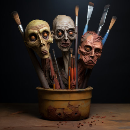 paintbrushes and artist with zombies in a realistic still life style, featuring dramatic lighting and emotive faces. surrealistic ceramic sculptures and inventive character designs are showcased, with the use of impasto technique. the composition is photorealistic, capturing the essence of halloween. ai generatedの素材