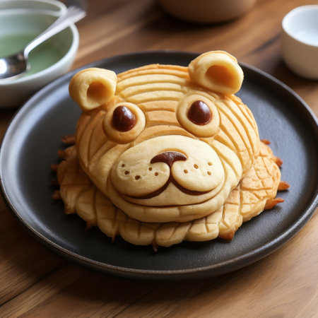 a teddy bear-shaped dessert sits on a plate, featuring bold manga lines and realistic animal portraits. the layered lines and strong facial expression give it a traditional vietnamese feel, reminiscent of a national geographic photo. the multilayered dessert is a delightful blend of art and culinary creativity. ai generatedの素材