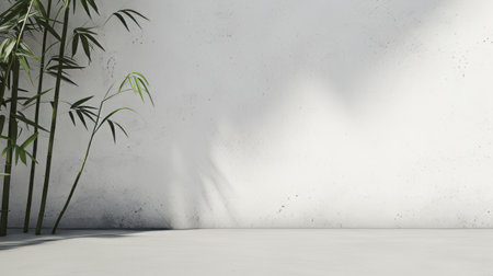 concrete wall with a lamp, bamboo, and plant elements. minimalist background style meets light-filled seascapes and minimalist stage designs. ambient occlusion creates luminous shadows. loose paint application adds depth. tropical symbolism enhances the overall aesthetic. ai generatedの素材