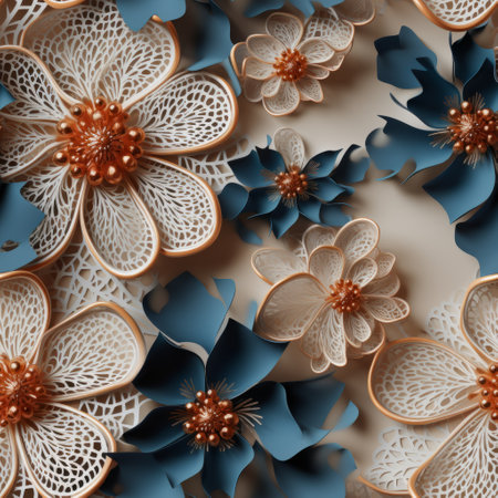 3d paper flowers seamless background featuring detailed and intricate compositions in the style of light navy and light bronze. the layered surfaces showcase intricate embellishments, while the combination of light aquamarine and brown creates a captivating visual contrast. this meticulous design presents layered and complex compositions that are visually stunning. ai generatedの素材