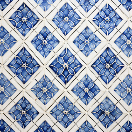 the traditional northern europe blue and white diamond pattern features a visually appealing design of blue and white diamonds outlined in dark blue, placed on a clean, bright white background. the diamonds display intricate details in various shades of blue. this heritage symbol represents northern europe's rich cultural legacy and finds extensive usage in textiles and design. ai generatedの素材