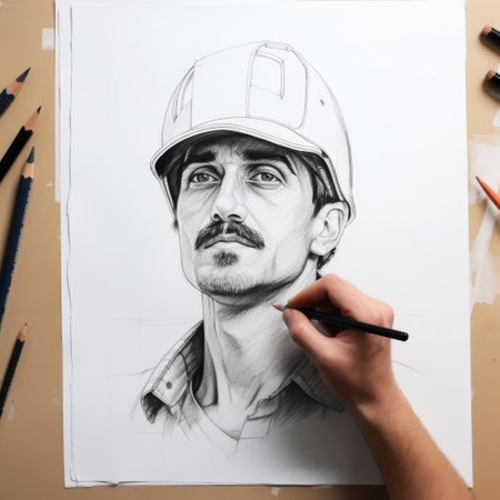 old man in hardhat, epic portraiture style, forced perspective drawing, uhd image, realistic portrait, sovietwave, studio portrait, detailed and intricate. ai generatedの素材