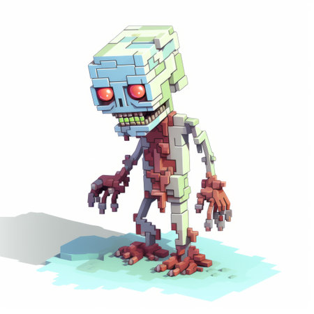 a pixelated zombie stands in this voxel art style illustration, showcasing imaginative stone sculptures and playful cartoon illustrations. the skeletal figure is brought to life with mechanized precision and hand-coloring, creating a unique and captivating visual experience. ai generatedの素材