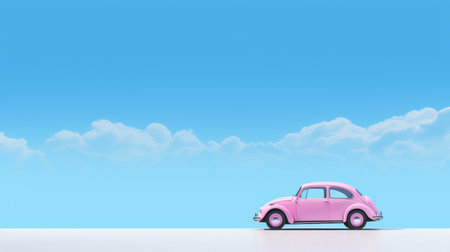 pink volkswagen beetle car against a white backdrop with a sky featuring clouds. this minimalist still life showcases a vibrant stage backdrop and a dreamy color palette. the realistic blue skies and precise simplicity create a visually stunning scene reminiscent of an animated film pioneer, with physically based rendering adding to the overall effect. ai generatedの素材