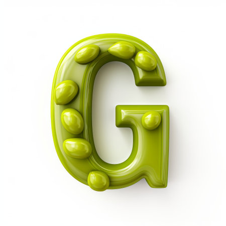 the green letter "g" is a 3d render of an alphabet made from green vegetables, with quirky details and visually tactile surfaces. the image is captured in the style of the fujifilm gw690iii, featuring poured resin and nature-inspired shapes. the letter "g" stands out with its eye-catching detail and jagged edges. ai generatedの素材