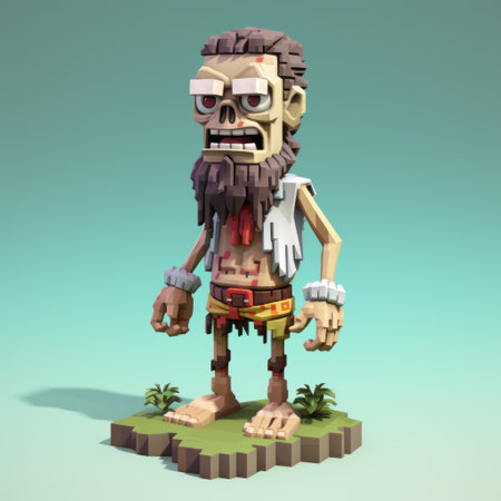 a grotesque zombie figure, inspired by voxel art, carl barks, traditional mexican style, ryan hewett, and vacation dadcore. this unique creation features a sword-wielding, bearded character with eyes drawn on it. mimicking ruined materials, it showcases naturalistic proportions, making it a captivating piece of art. ai generatedの素材