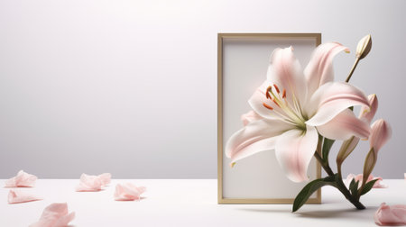 white and pink lilies with yellow petals arranged on a table near a small white frame. this hyperrealistic rendering showcases the delicate beauty of the flowers. the light beige and gold tones create a minimalist aesthetic, while the 8k 3d quality adds depth to the non-representational composition. the soft atmospheric perspective enhances the overall sense of tranquility, with the framing adding a touch of elegance.の素材