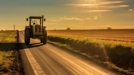 tractor traveling down a narrow paved road with the sun behind it, showcasing precisionism influence, soft color fields, working-class empathy, kodak vision2 250d, rtx on, and rural life depictions. ai generatedの素材