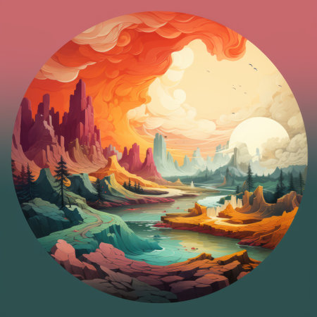 abstract landscape with vibrant crimson and amber clouds and mountains, inspired by art nouveau illustrations. the colorful woodcarvings depict a wilderness scene with circular shapes in orange and cyan, creating a fantasy realism style. ai generatedの素材
