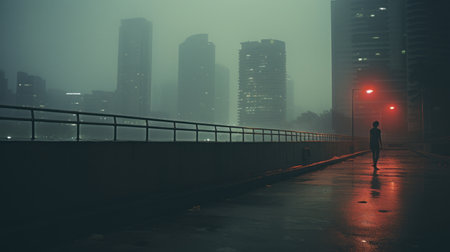 the city skyline, captured in a moody and atmospheric style, features die brucke-inspired environmental portraiture with a misty atmosphere. the image showcases a blend of red and cyan tones, complemented by dark green and amber hues, creating a captivating and evocative visual experience. ai generatedの素材