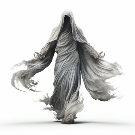 an angelic creature with white wings, designed in a dark and brooding style, showcases a ghosting effect. twisted characters and hyper-realistic sci-fi elements add to the eerie atmosphere. flowing draperies enhance the nightmare-like ambiance, while a captivating gesture completes the mesmerizing image. ai generatedの素材
