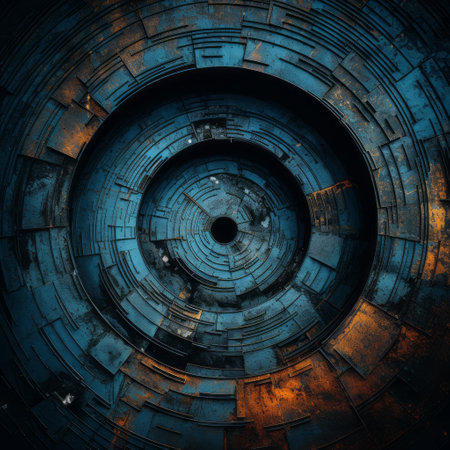 abstract blue hole with a gothic steampunk style set against an orange background. the weathered materials and strong contrast between light and dark create a futuristic, textured surface. the image evokes a sense of transportcore and dark subject matter. ai generatedの素材