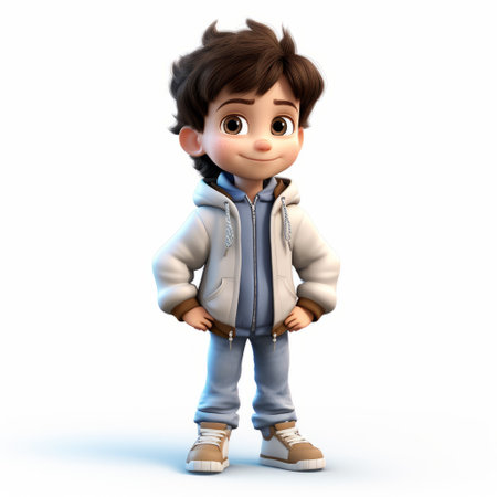 3d cartoon boy with photorealistic rendering stands on a white background. the soft color blending creates a cold and detached atmosphere. the highly textured hispanicore layers add depth to the image, rendered in cinema4d. keywords: 3d, cartoon, boy, photorealistic, rendering, soft color blending, cold atmosphere, highly textured, hispanicore, texture-rich layers, cinema4d. ai generatedの素材