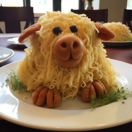 person creating a pig-shaped sculpture using noodles, inspired by furry art. the absurd and surprising creation is made entirely of cheese. the artwork reflects influences from deirdre sullivan-beeman, caninecore, range murata, and fernando amorsolo. ai generatedの素材