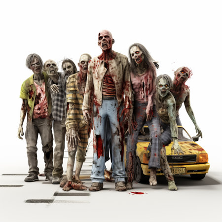 zombies, with disfigured forms, are seen moving through a street in a taxi. this photo captures a realistic attention to detail, reminiscent of the style of artist mike campau. the isolated figures stand out against the backdrop, thanks to the use of vray rendering and earth tones. keith carter's influence is evident in this haunting yet captivating image. ai generatedの素材