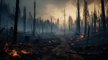 a fire burns through a forest in the evening, creating an otherworldly landscape captured with vray tracing. this national geographic photo showcases the decaying and desolate wilderness, making it a contest winner. ai generatedの素材