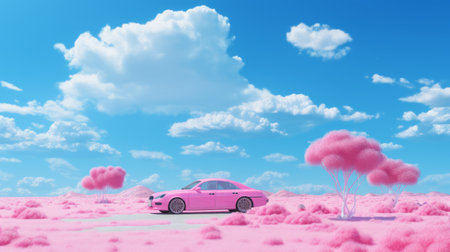 a white, blue, and pink car stands out in a surreal 3d landscape, showcasing playful body manipulations. this image captures the essence of cloudpunk with its pseudo-infrared effect and hyper-realistic pop style. the minimalist composition adds to the overall appeal of this uhd image. ai generatedの素材
