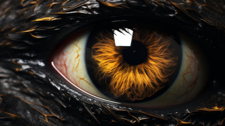 dragon's eye wallpaper 1280x720 featuring hyperrealistic composition in dark brown and yellow hues. the narrative-driven visual storytelling showcases shiny eyes with life-like avian illustrations in light black and orange, ai generatedの素材