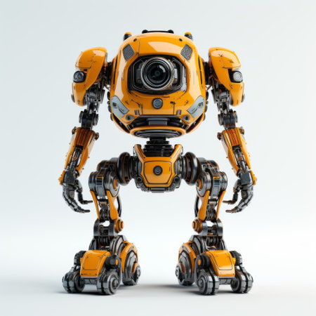 3d orange robot stands on a white background, showcasing its dynamic and action-packed design. with a large format lens style, this stunning creation features dark yellow and dark silver accents. perfect for fans of babycore and those who appreciate elaborate details. experience the beauty of this robot with rtx on. ai generatedの素材
